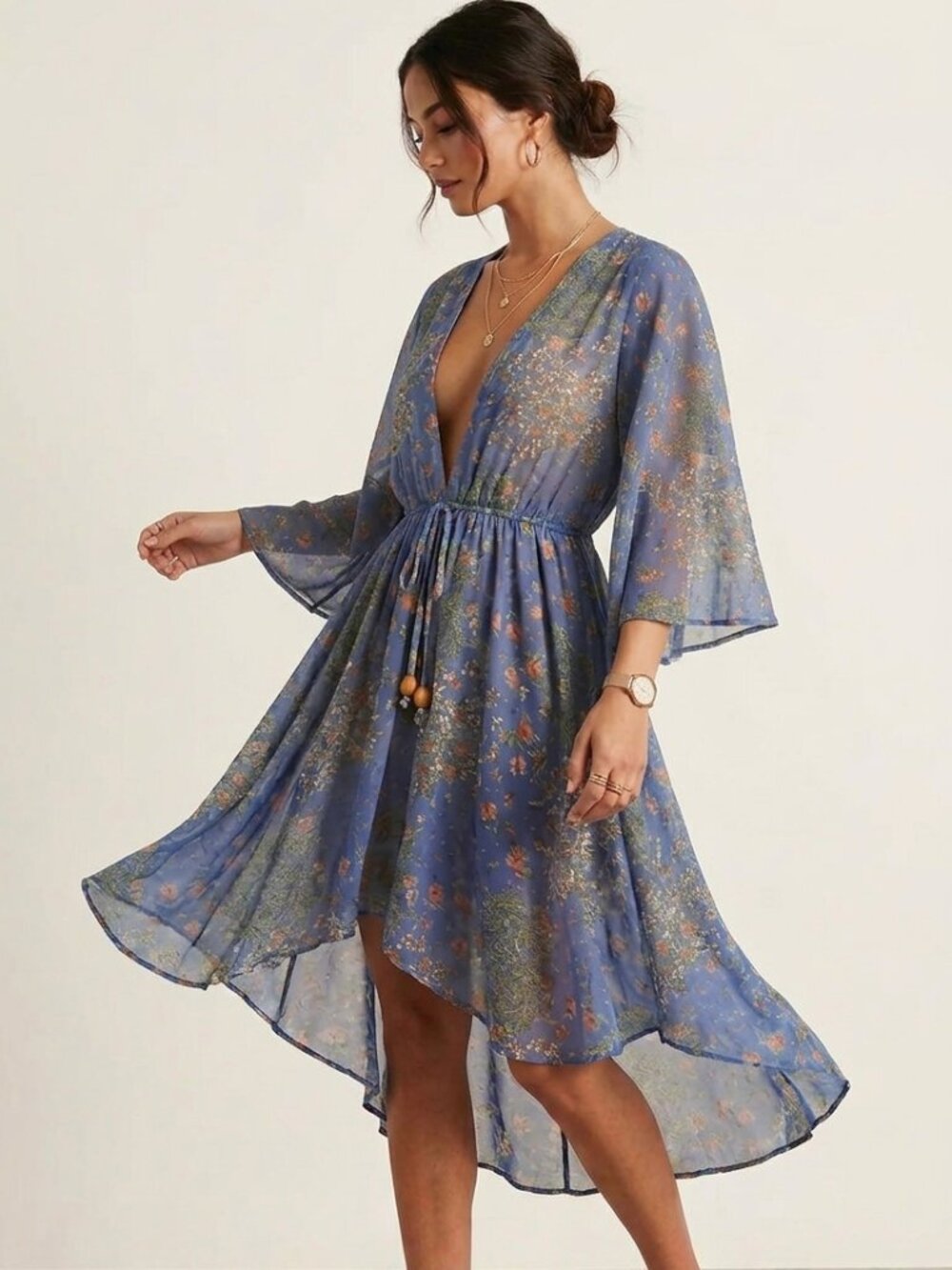 Boho Coquette Floral Chiffon 3/4 Sleeve High-Low Tunic Dress Size Large